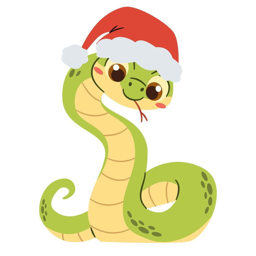 Flat illustration in a simple children's style. Cute snake in Santa Claus hat, symbol of the year 2025 vector