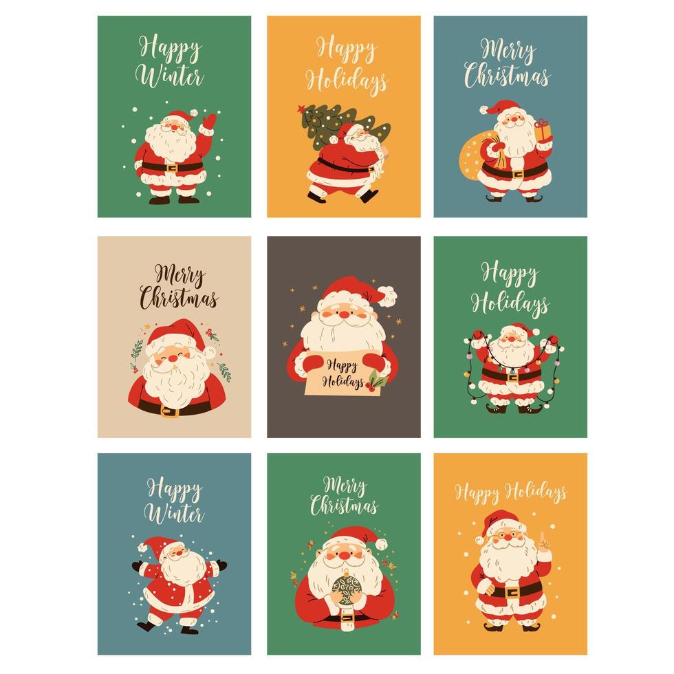A set of flat illustrations on Christmas theme. Set of cards with Santa Claus for Christmas. vector