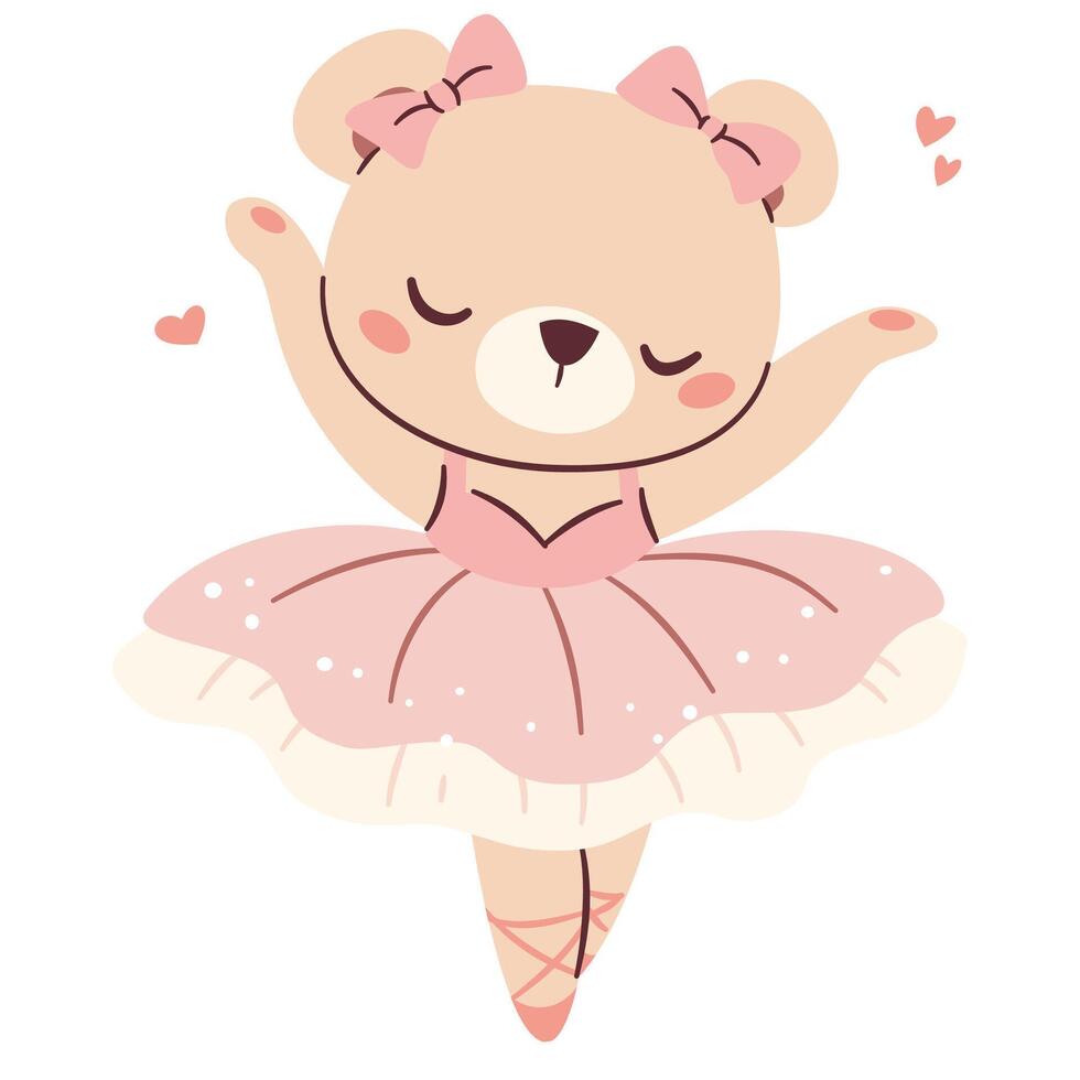 Flat illustration in a simple childish style. Cute ballerina bear dancing ballet, bear cub in cute pink tutu dress vector