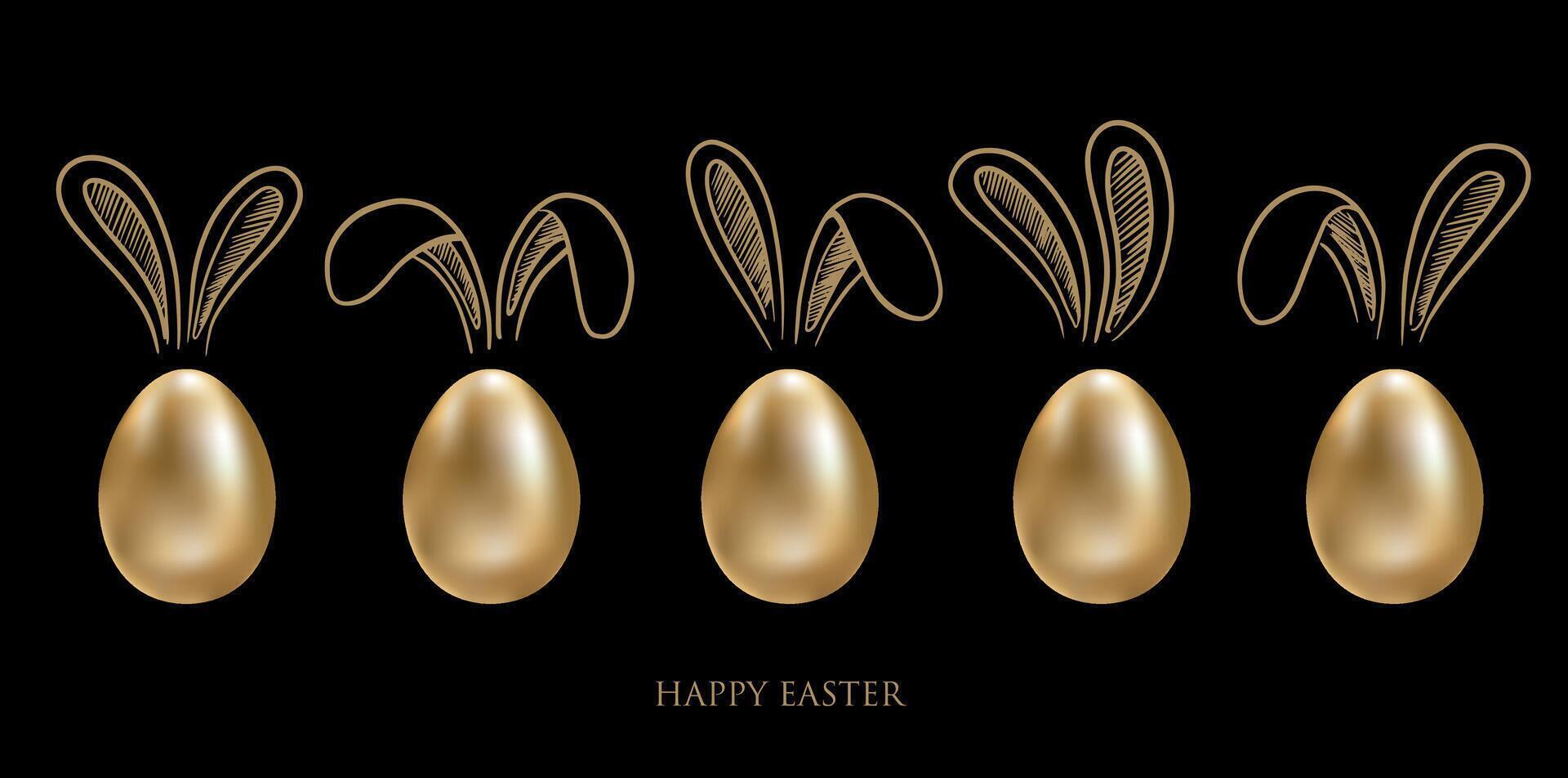 Happy Easter. Set of rabbits's ears. Gold eggs. Hand drawn illustration. vector