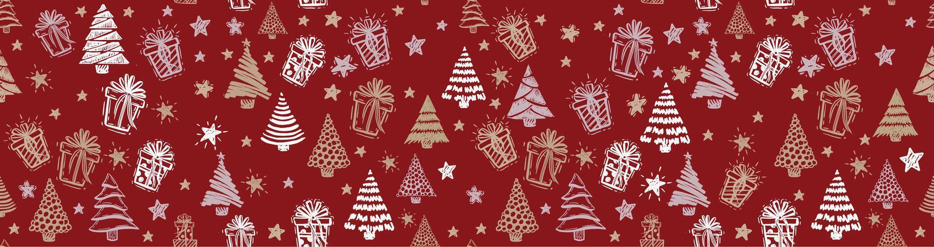 Christmas tree, New Year set on red, hand drawn illustrations. vector