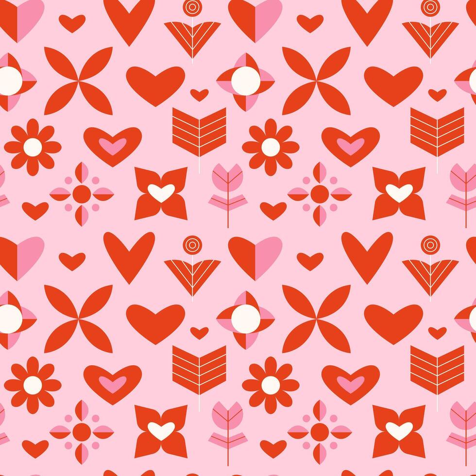 Seamless Valentine's Day pattern with minimalist hearts, flowers vector