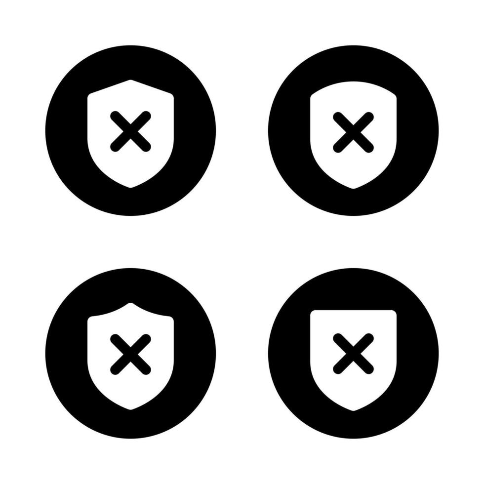 Shield with cross mark icon on black circle. Unsafe, no security sign symbol vector