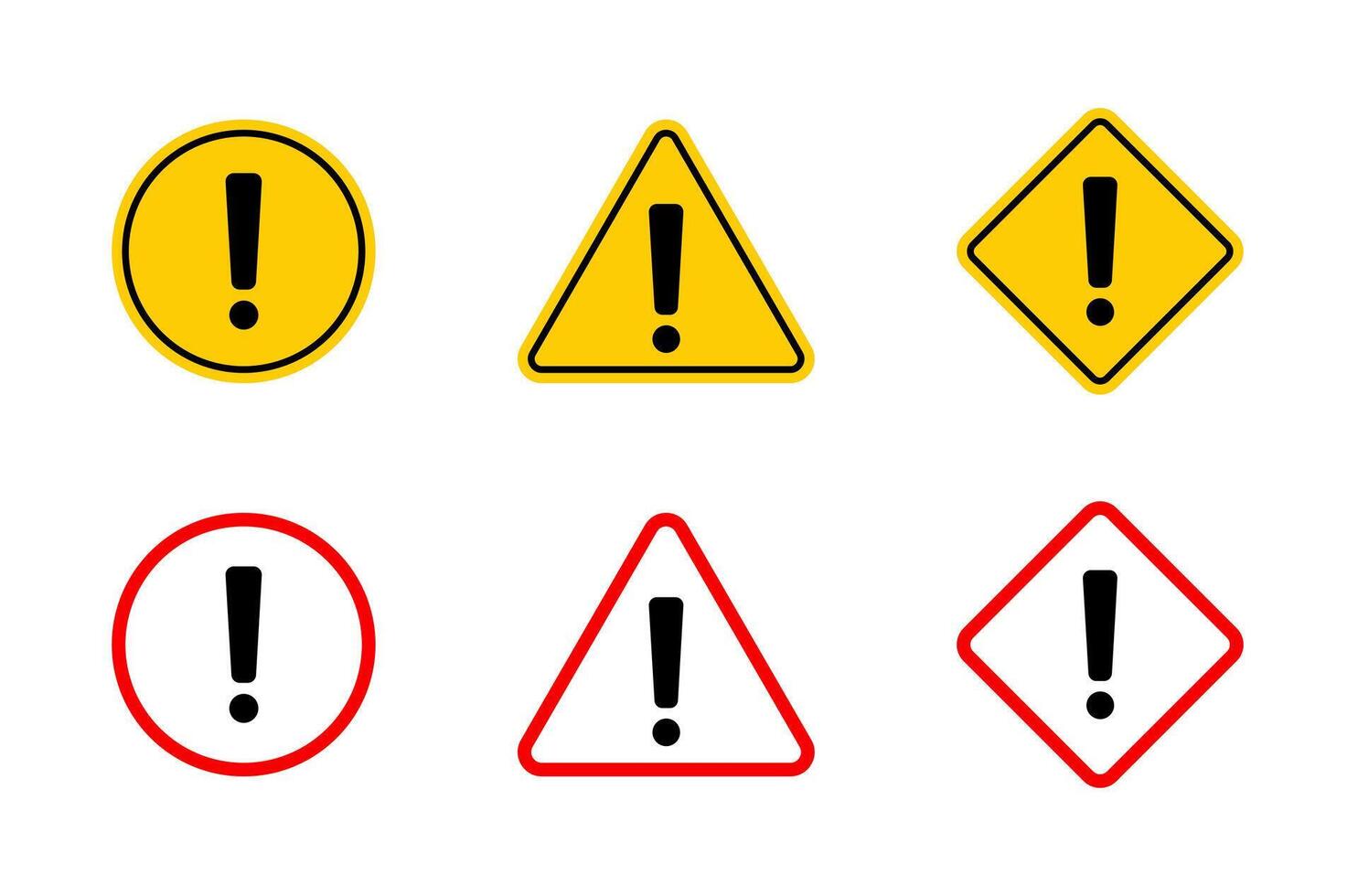 Alert warning sign icon set in flat design. Attention, danger symbol vector