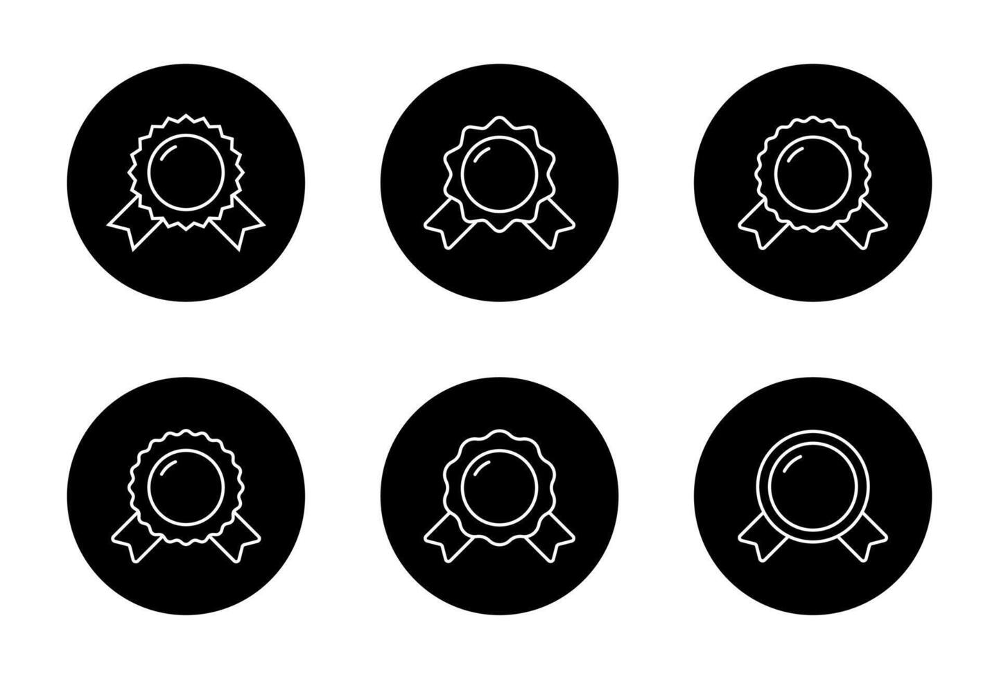 Medal ribbon outline icon set collection on black circle. Award badge line sign symbol vector