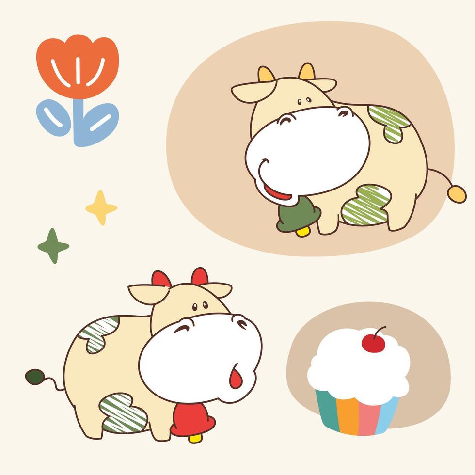 Happy Cows, Cupcake, and Flowers vector