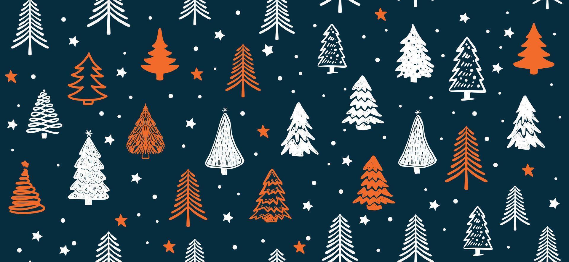 Christmas tree pattern on blue background, Hand drawn illustrations. vector