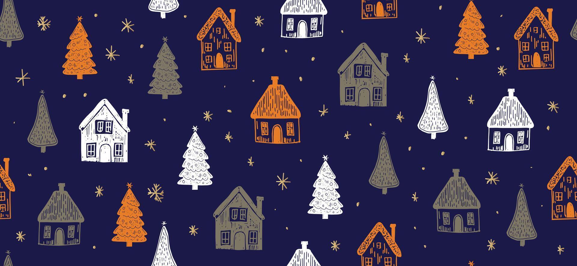 Christmas houses with tree pattern on blue vector