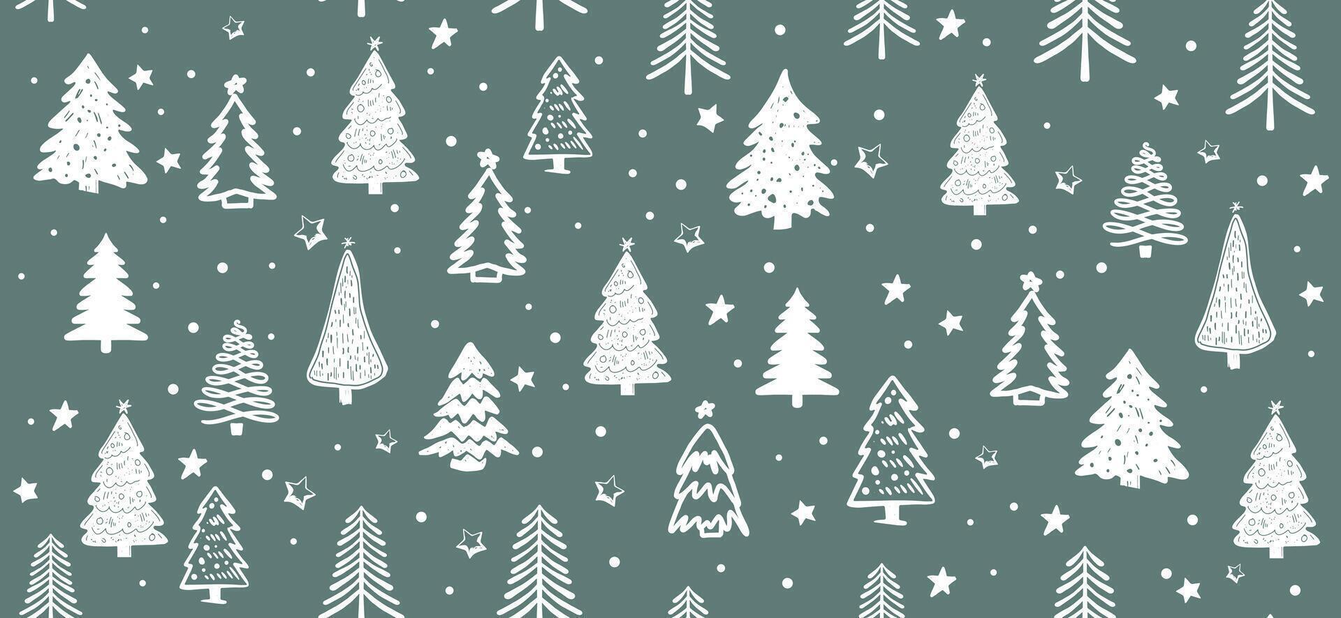 Christmas tree white on green pattern, Hand drawn illustrations. vector