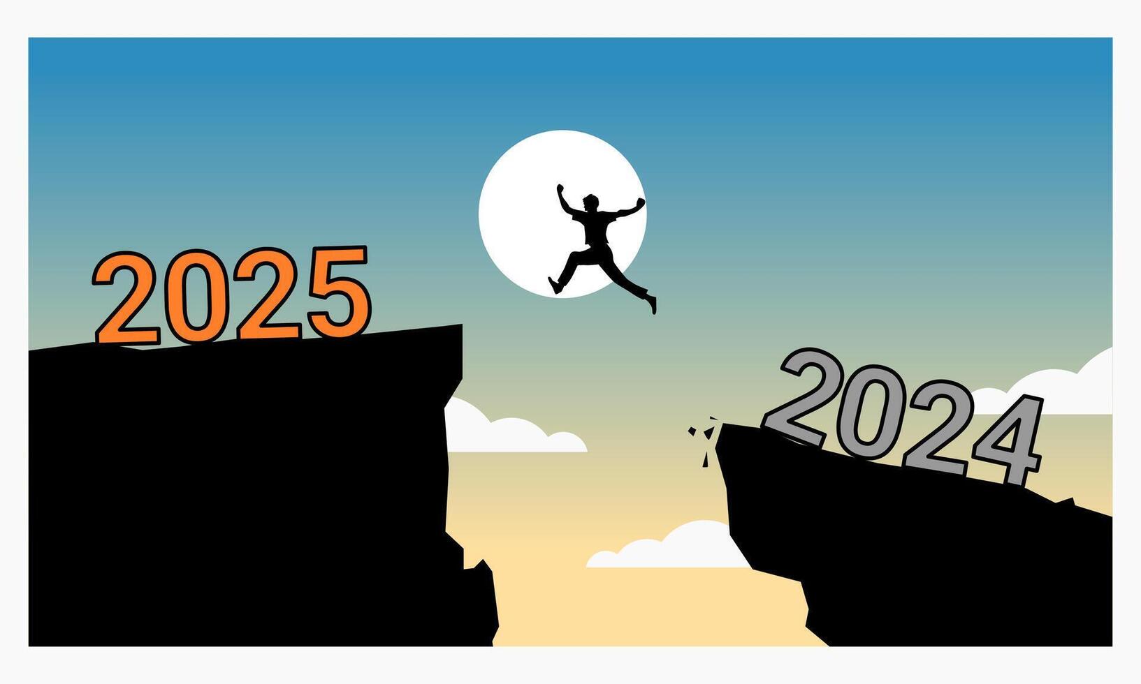 A silhouette leaps between cliffs labeled 2024 and 2025 against a sunrise, symbolizing progress or transition into the future. New year 2025 vector