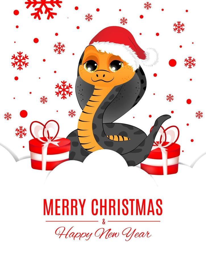 New year greeting card with symbol of the 2025 year. Cute snake with gifts on white background. Design for print, poster, social media communication. vector