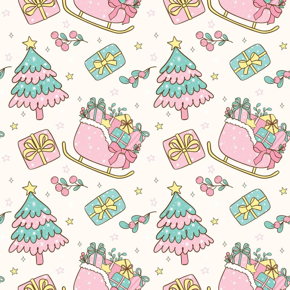 Cute Pink and Mint Green Coquette Christmas seamless pattern doodle hand drawn isolated on background vector