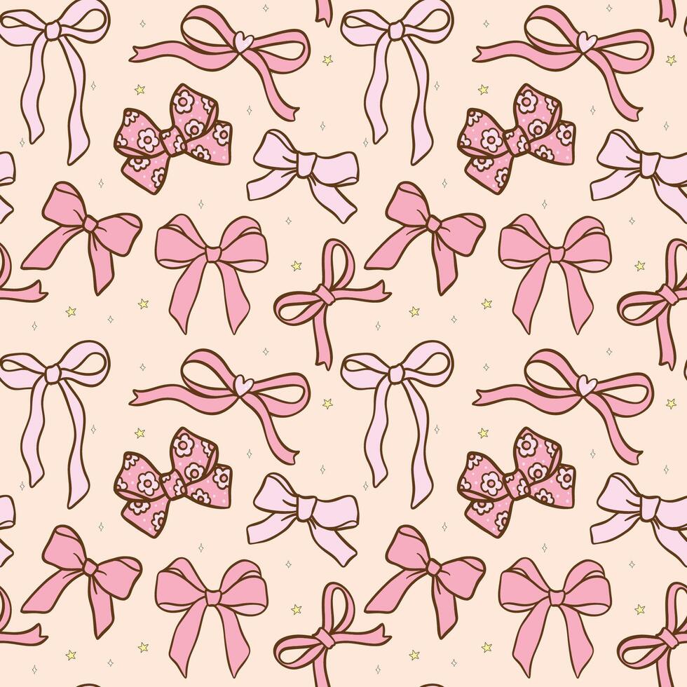 Cute Coquette ribbon bow seamless pattern doodle hand drawn isolated on background vector