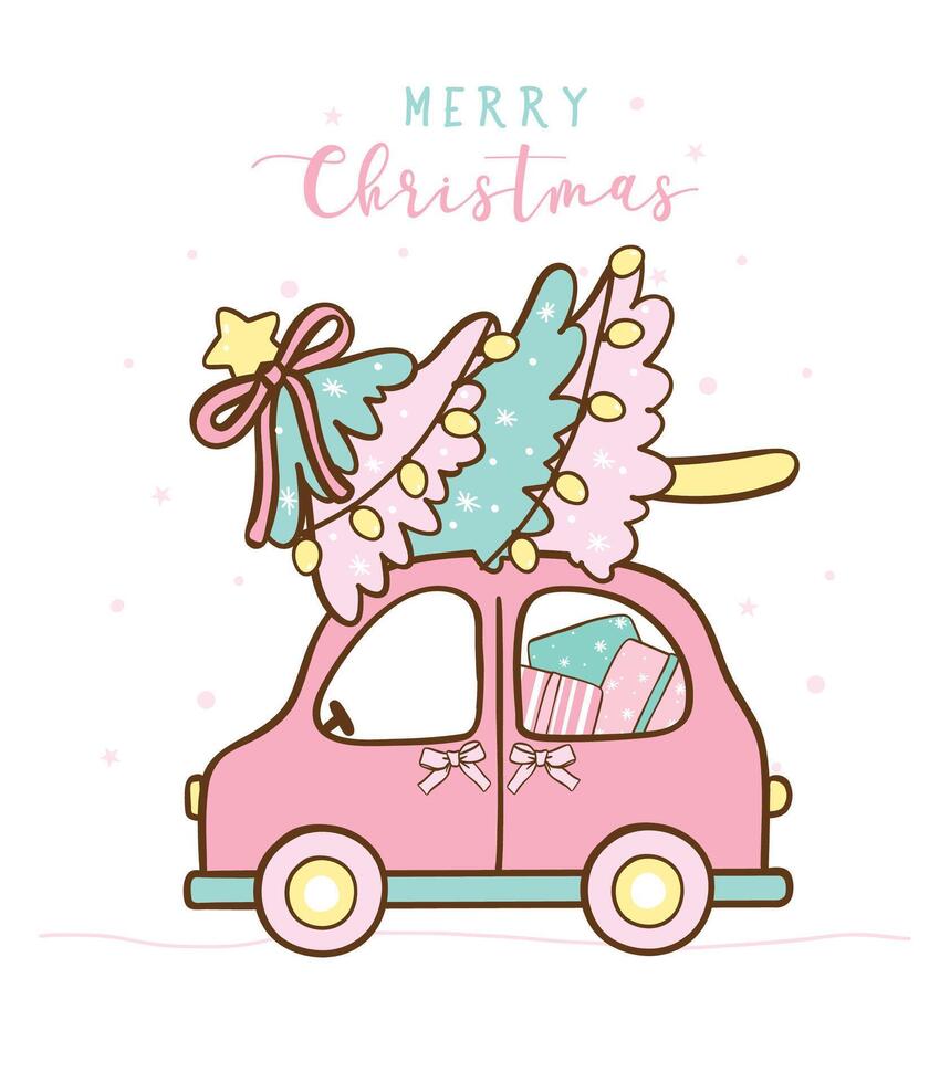 Cute Coquette Pink Christmas Car with Festive Pine Tree hand drawn, idea for Greeting Card. vector
