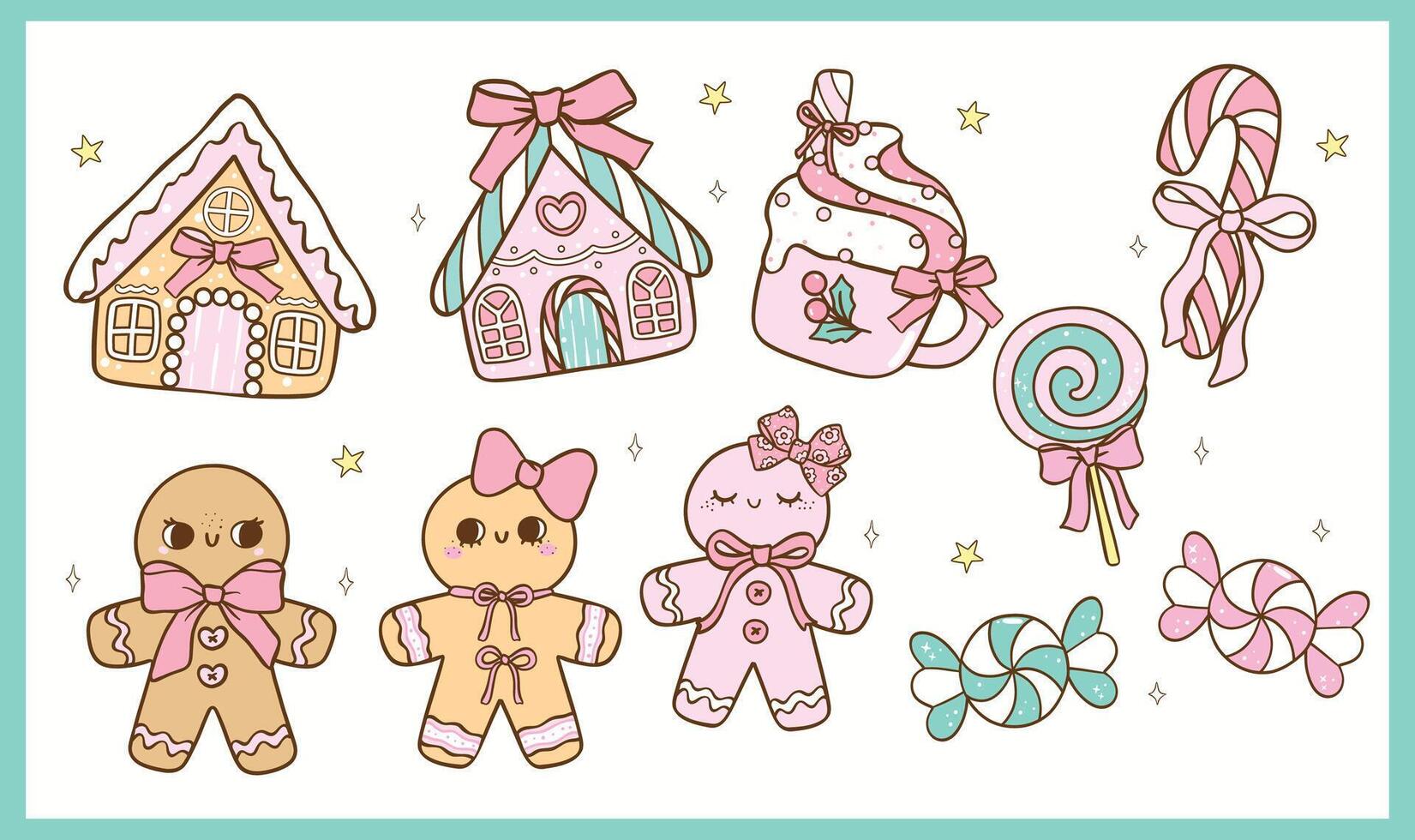 Set of Pastel Coquette Christmas Gingerbread house, Gingerbread man and candy, Pink and Mint Green Doodle Hand Drawn vector