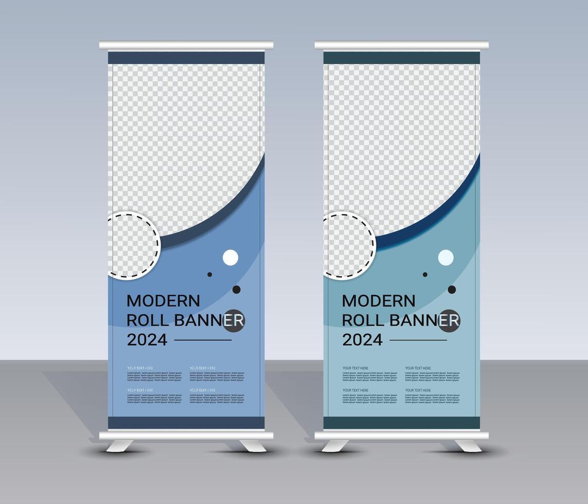 Modern abstract blue wavy roll up banner template design vector