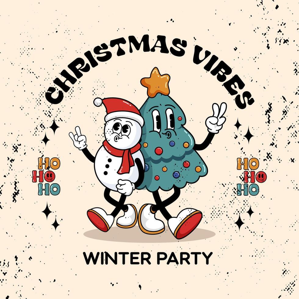 Christmas party winter party. Cartoon characters in retro style cool Christmas tree and snowman. illustration of mascot in trendy vintage comic style vector