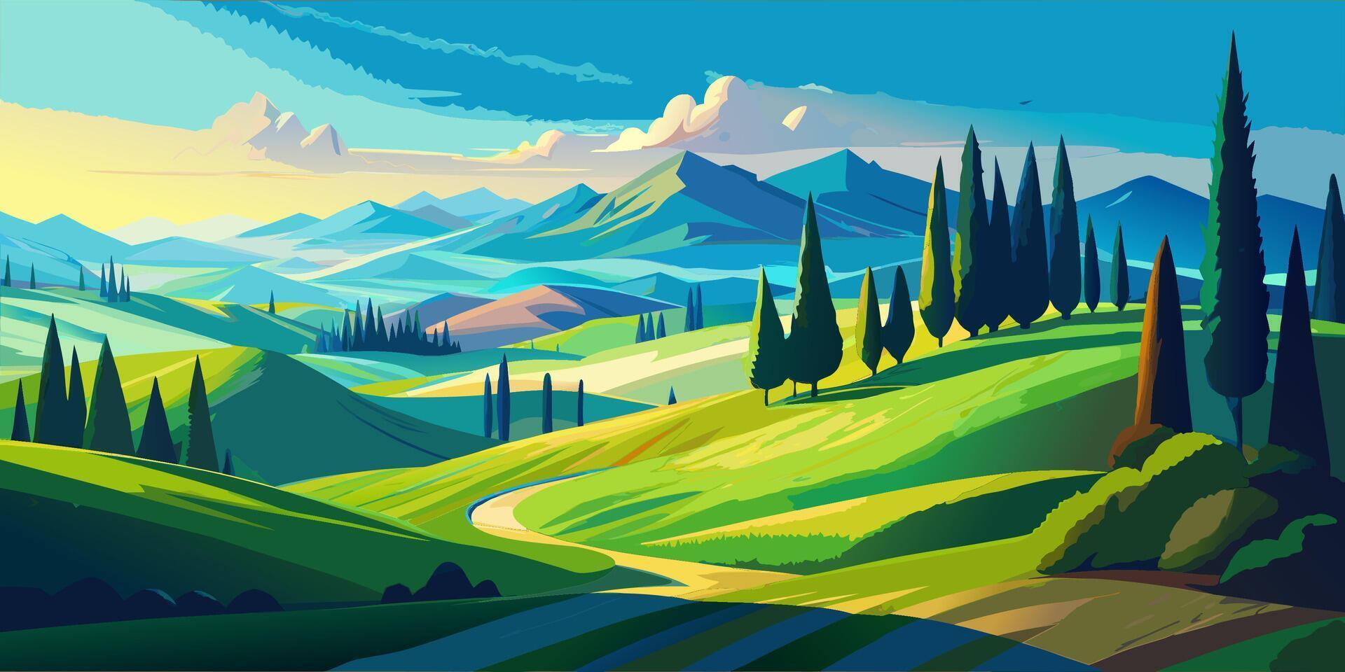 Serene Spring Landscape of Hills, Pines, and Cypresses Against Blue Sky vector