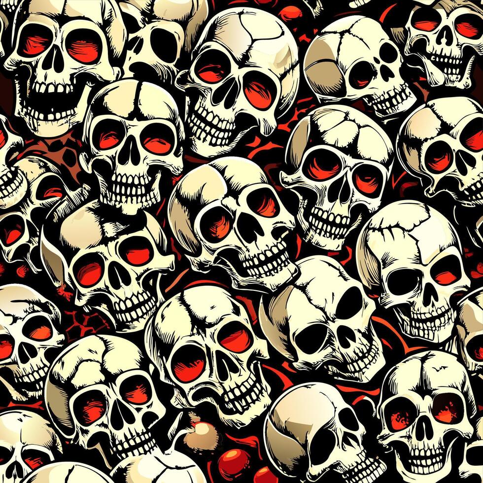 Grim Pile of Human Skulls with red eye sockets Set Against a Dark Backdrop vector