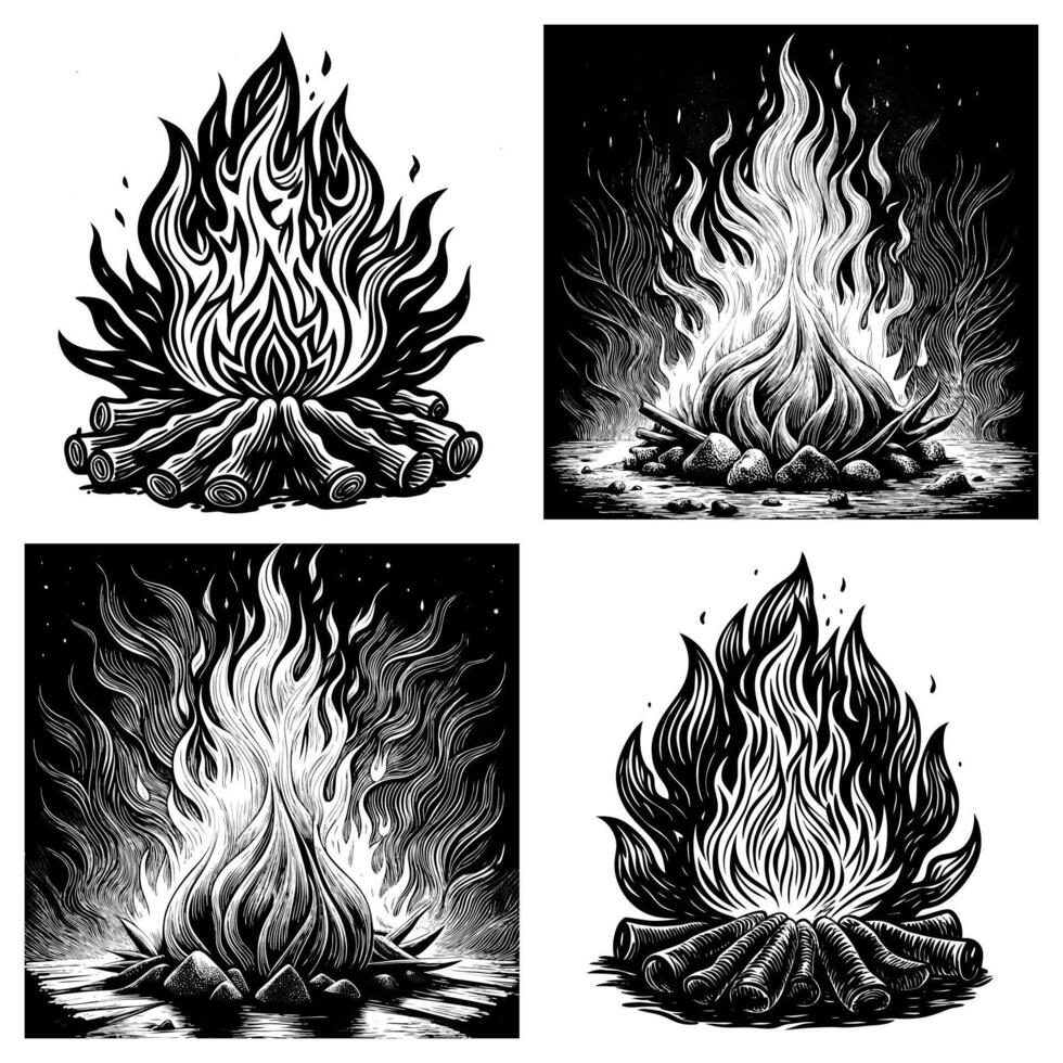 Stylish Black and White Logo Designs with Flaming Campfire on Dark Backdrop vector
