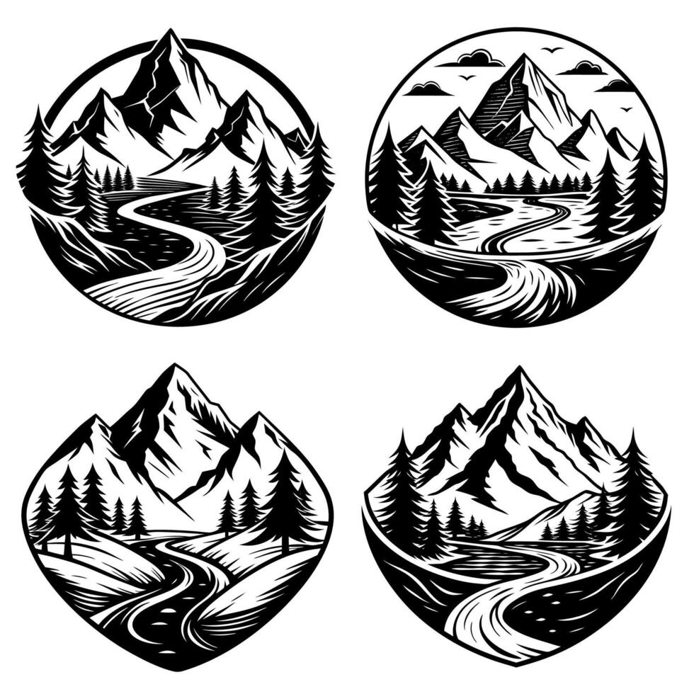Stylish Monochrome Badge Templates with Mountain Landscape on White Background vector