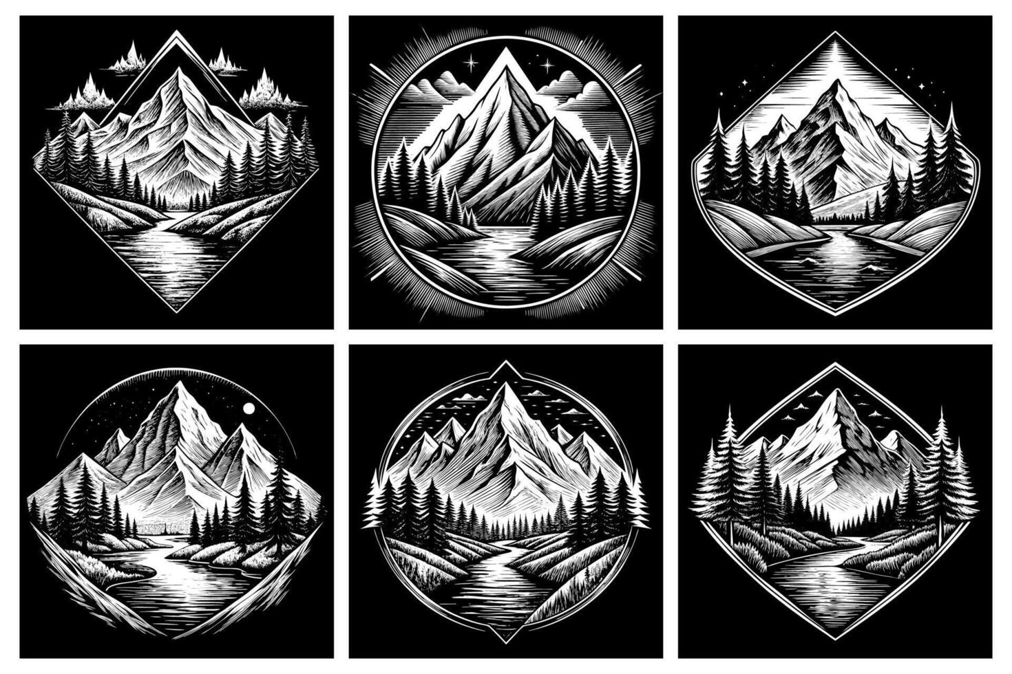 Stylish Badge Templates Featuring Mountains and River on Black Background vector
