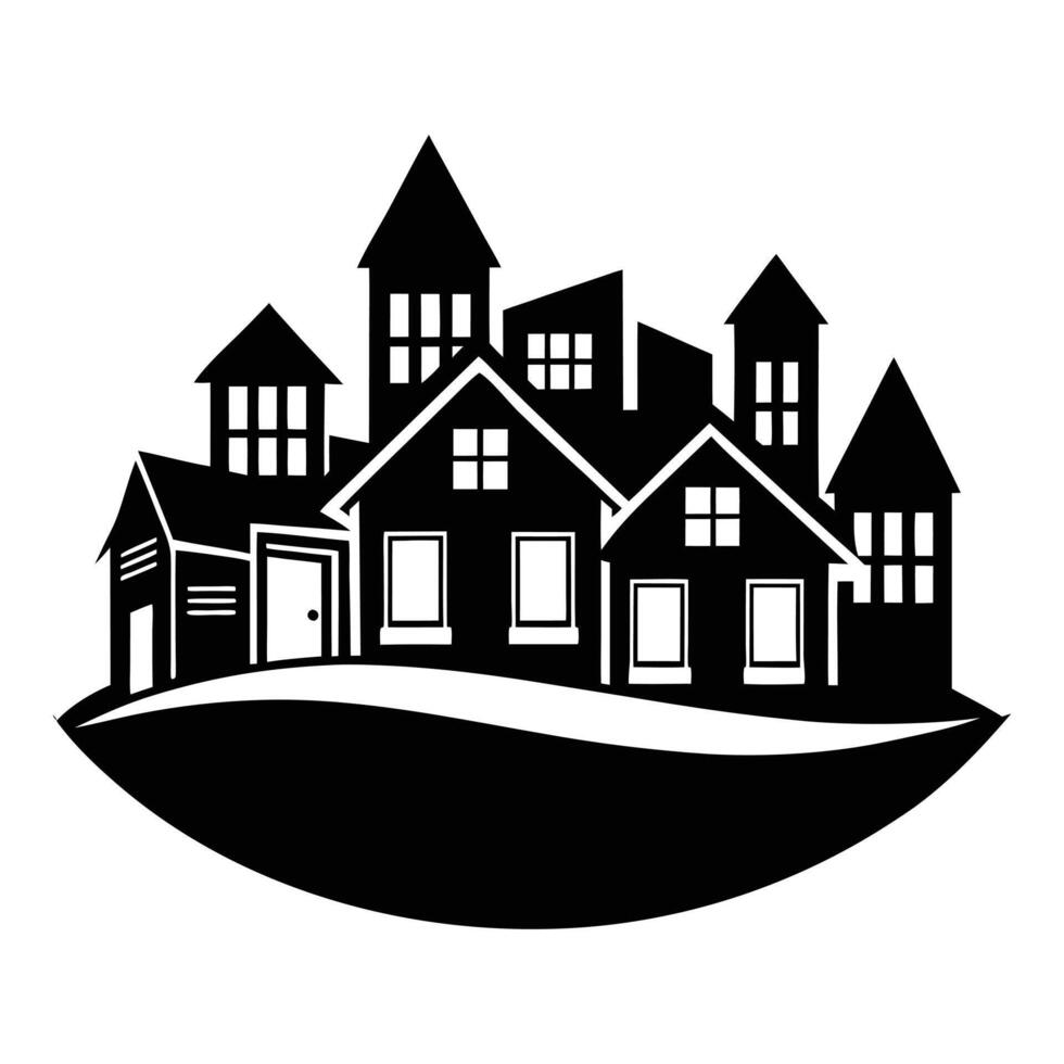a black and white silhouette of a city with houses vector