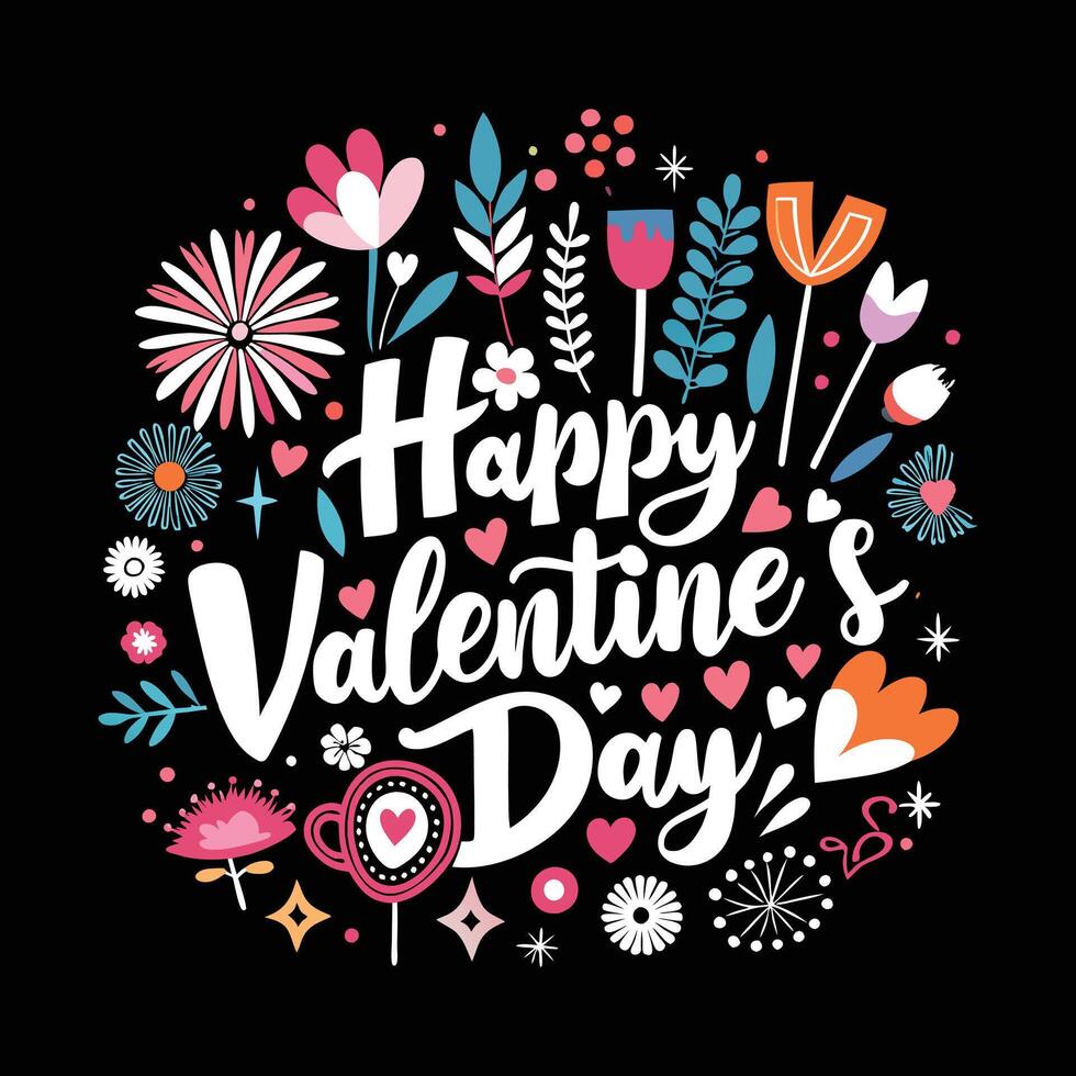 happy valentine's day lettering with flowers vector