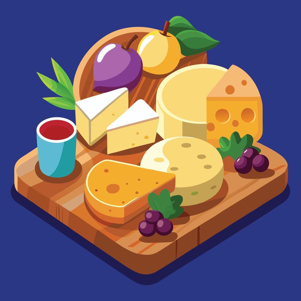 cheese and fruit on a cutting board vector