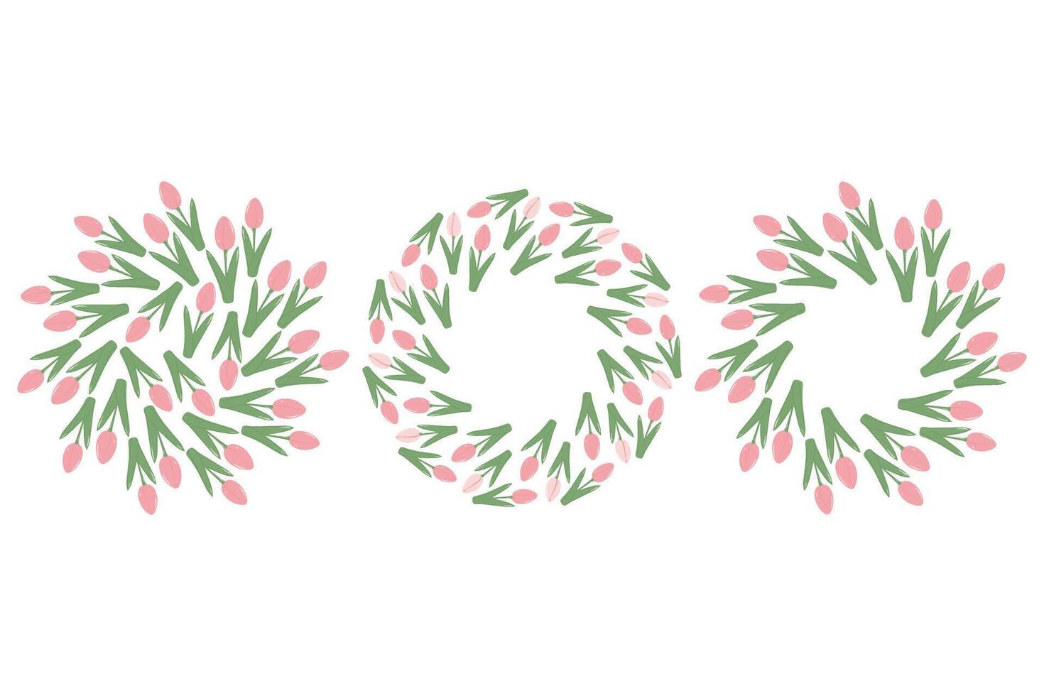Blossom Tulips 2 Circle Frames and Round Background in trendy pale pink. Copy space Templates Set 3. Isolated illustration Cards, posting, leaflets, banner, lettering, label or web promo, blog vector
