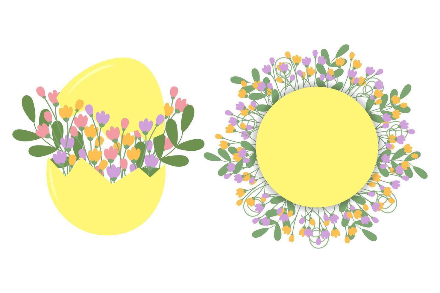 Cracked Eggshell with blooming twigs in and floral Circle Frame Border Copy space Spring Template. Isolated on white illustration Thematic card, posting, banner, price tag, label or web concept vector