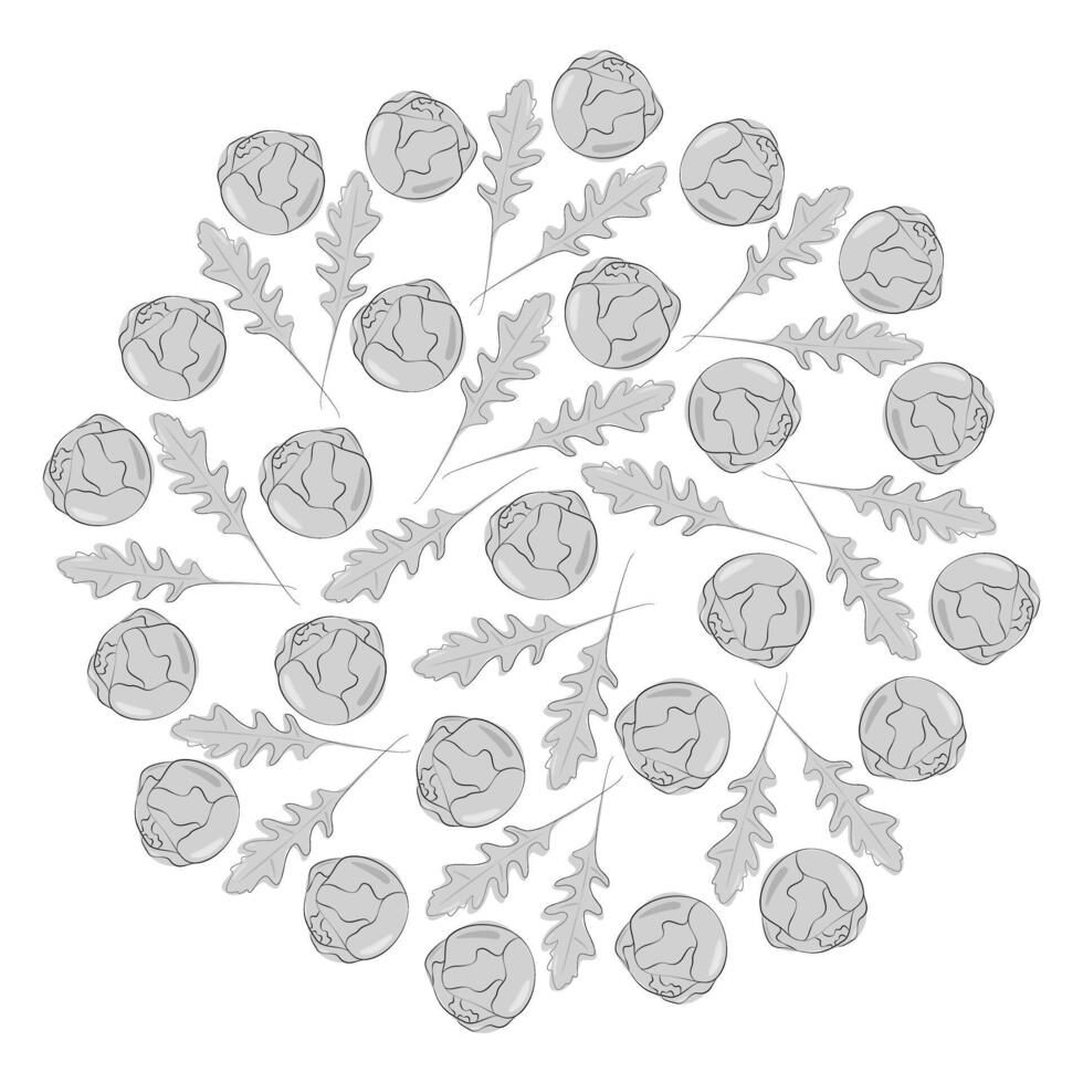 Arugula leaves and Brussels sprouts in grayscale Healthy eating Circle decorative Background Texture. Isolated illustration Thematic card, poster, banner, leaflet, price tag, label or web promo vector