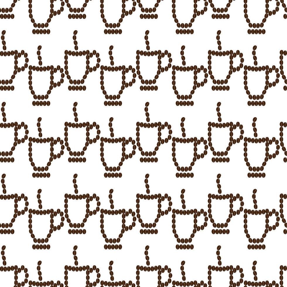 Coffee beans shaped contour cup, steam and saucer Seamless Pattern in trendy brown. Drink background. Isolate illustration Wallpaper, wrapping or web promo, Thematic card, blog, media post, tag vector
