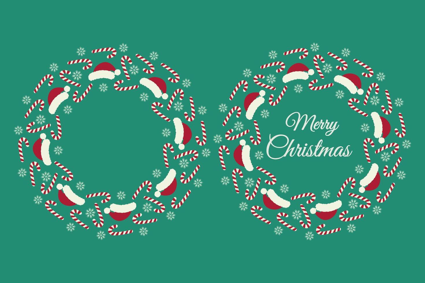 Santa caps, Striped Candy cane and snowflakes and Merry Christmas lettering. Circle Frames Set 2. Copy space Template. Isolated illustration Cards, post, leaflet, tag, label or web promo banner vector