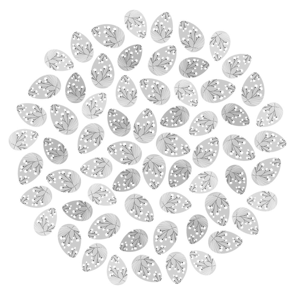 Blooming twigs decorate Easter Eggs Circle background Texture in grayscale. Easter monochrome fond. Isolated illustration Cards, Thematic blogs, posting, banner, leaflet, price tag or web promo vector