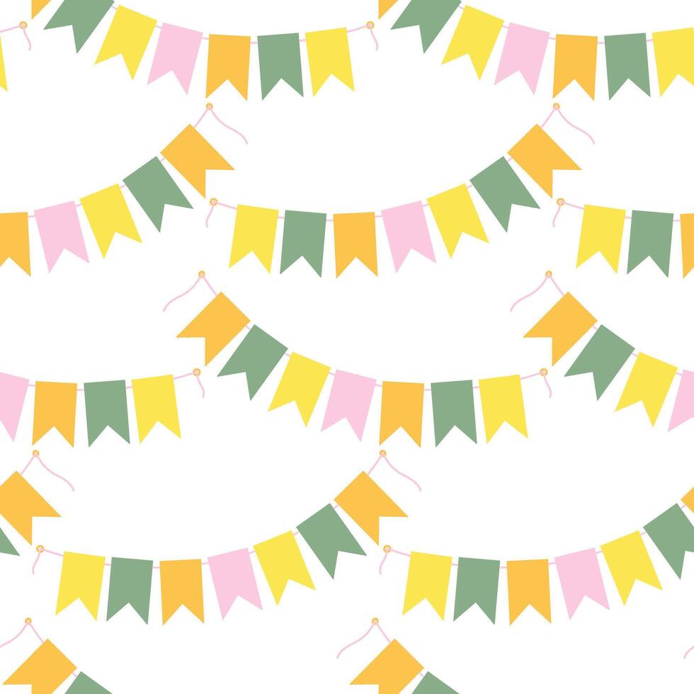 Easter Festive Pennant garland on string in trendy spring colors Seamless Pattern. Easter background Isolated illustration Wallpaper, wrapping, or web promo banner, Thematic card, posting, blog vector