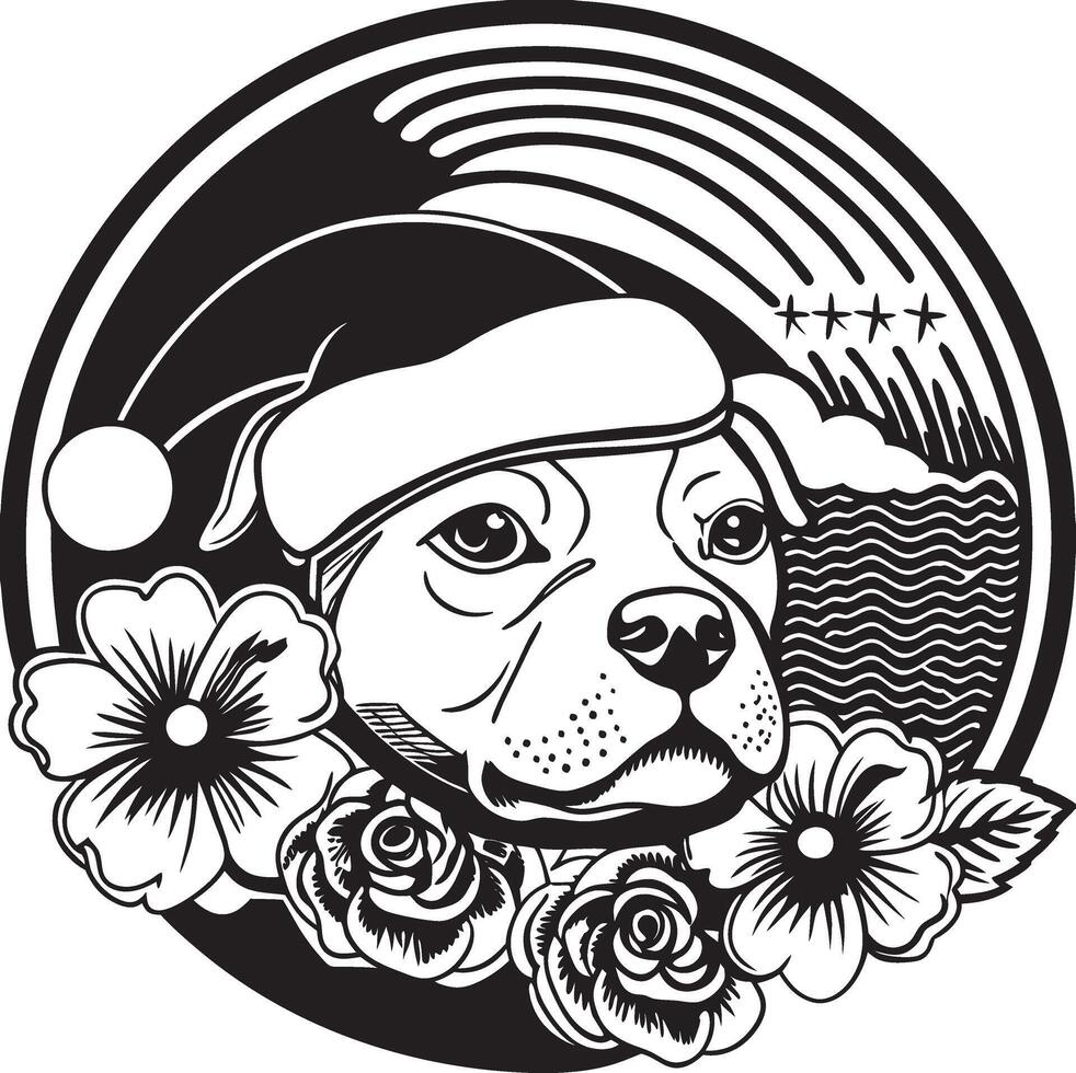 a dog wearing a santa hat and flowers in the background vector