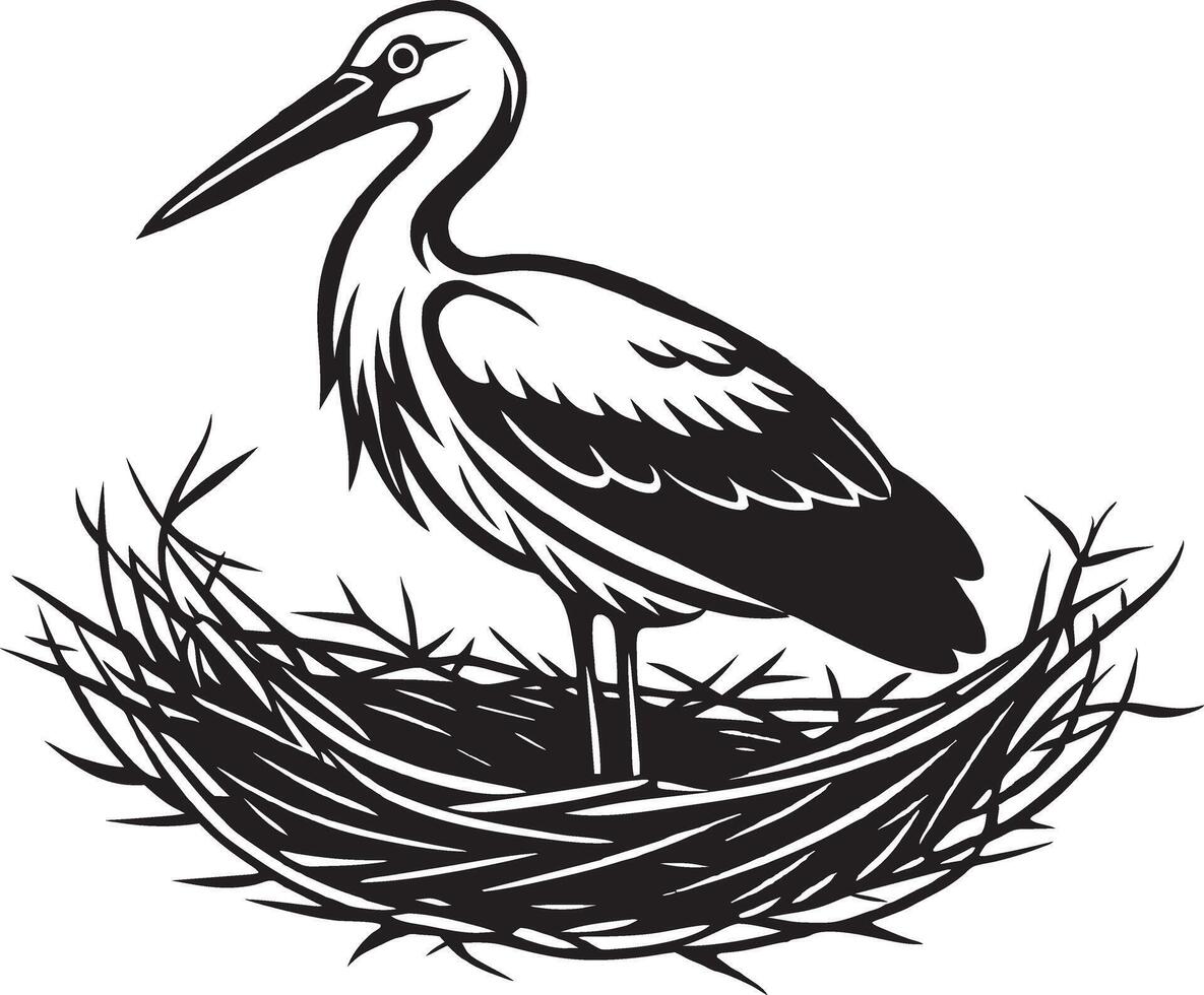 a black and white illustration of a stork sitting in a nest vector