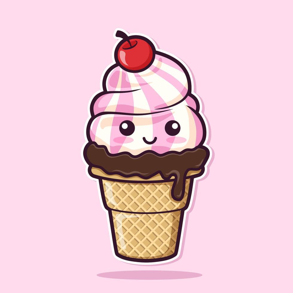 Cute ice cream waffle cone isolated on pink background. Kawaii style with funny face. Cartoon sweet character. vector