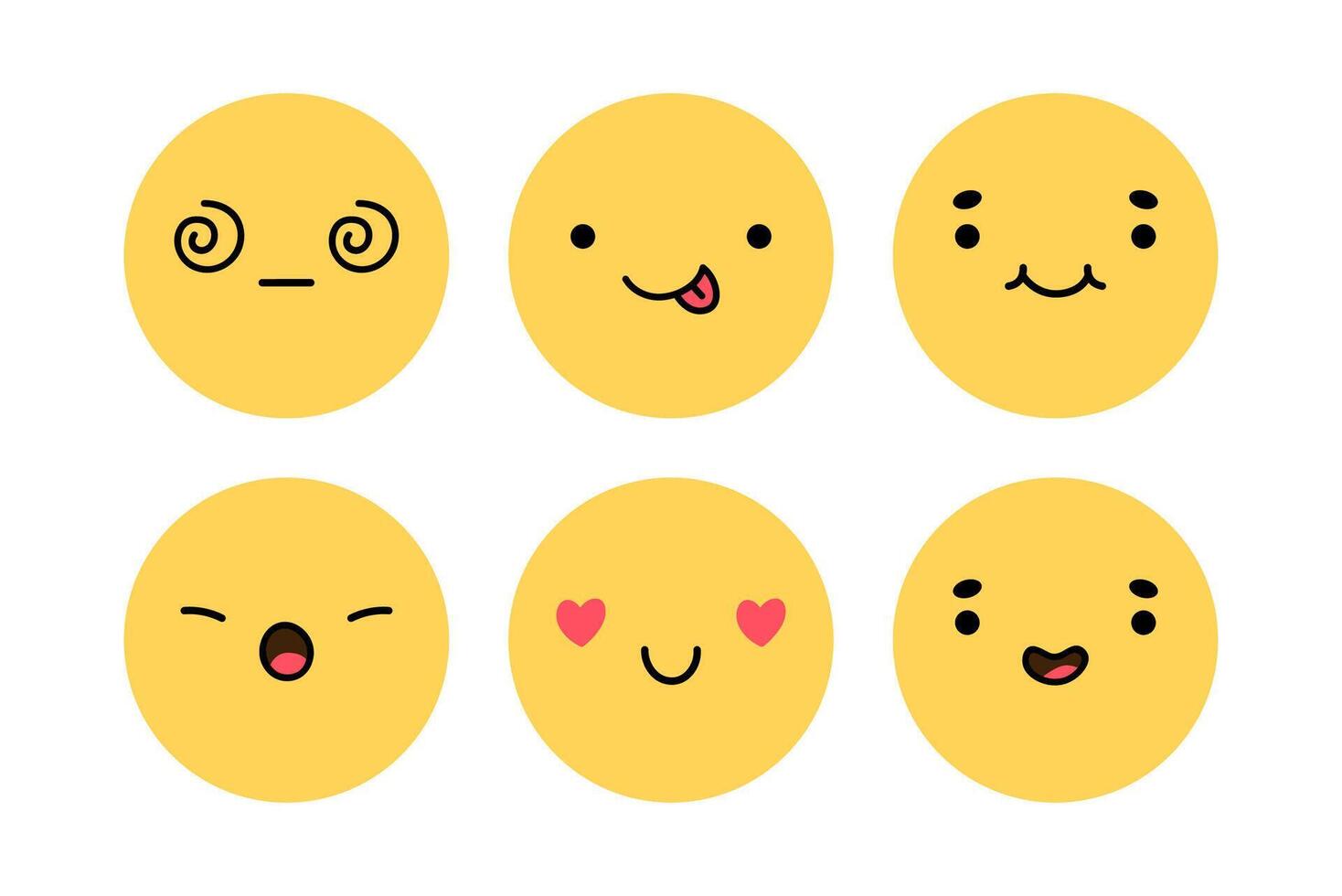 A cute emoji set with different facial expressions. Yellow characters with happy, joyful, disappointed, surprised, playful mood. flat illustration. Perfect for social media, stickers. vector