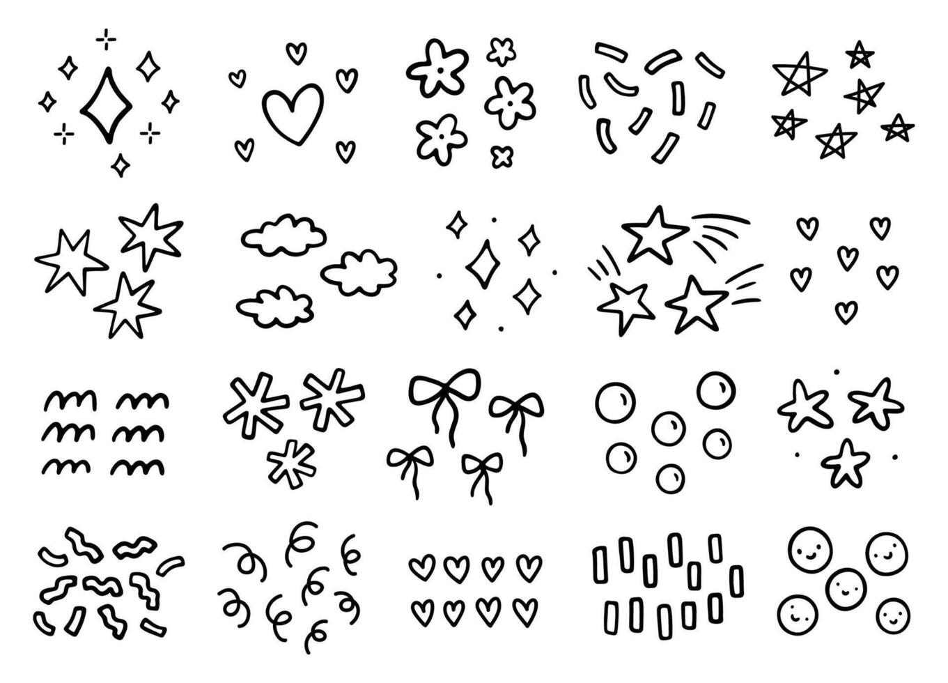 Cute decorative design elements. Abstract squiggles of different shapes - stars, hearts, flowers, confetti, bows, bubbles, waves. hand-drawn doodle illustration isolated on a white background. vector