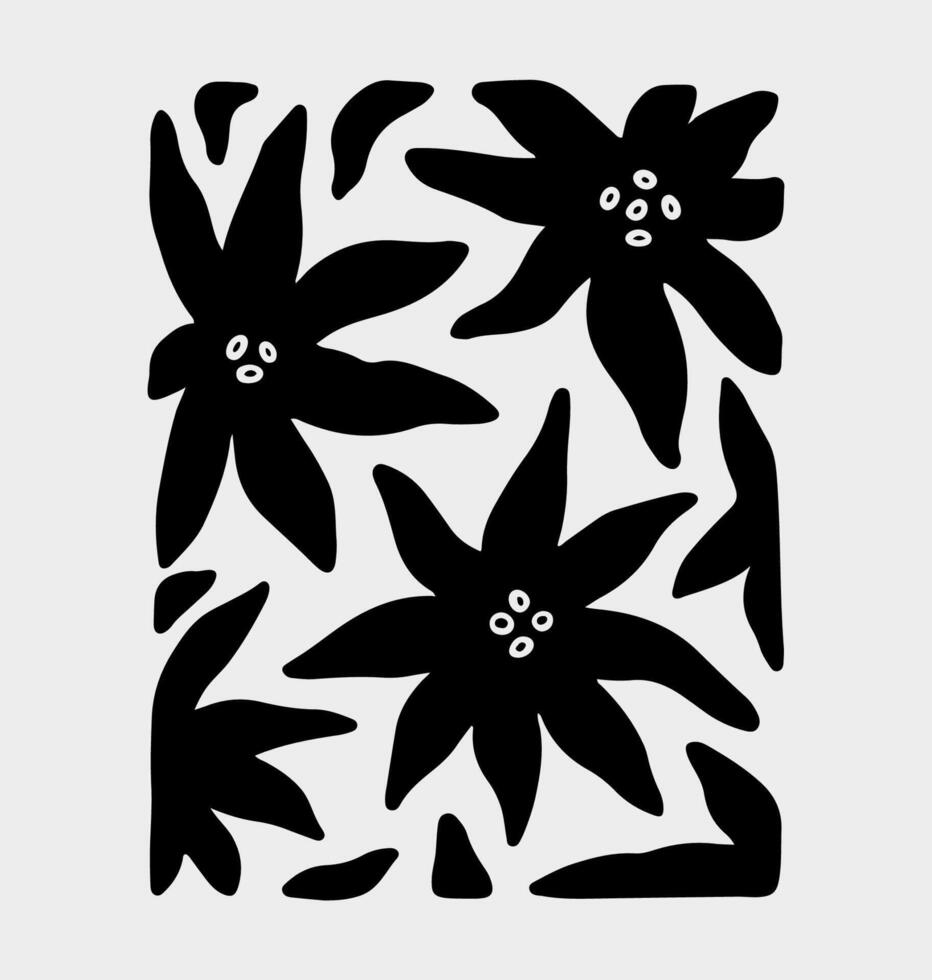 Black silhouette design with an organic, abstract pattern on a light gray background. Curved and irregular shapes resembling flowers, leaves or plant-like forms. hand-drawn illustration. vector