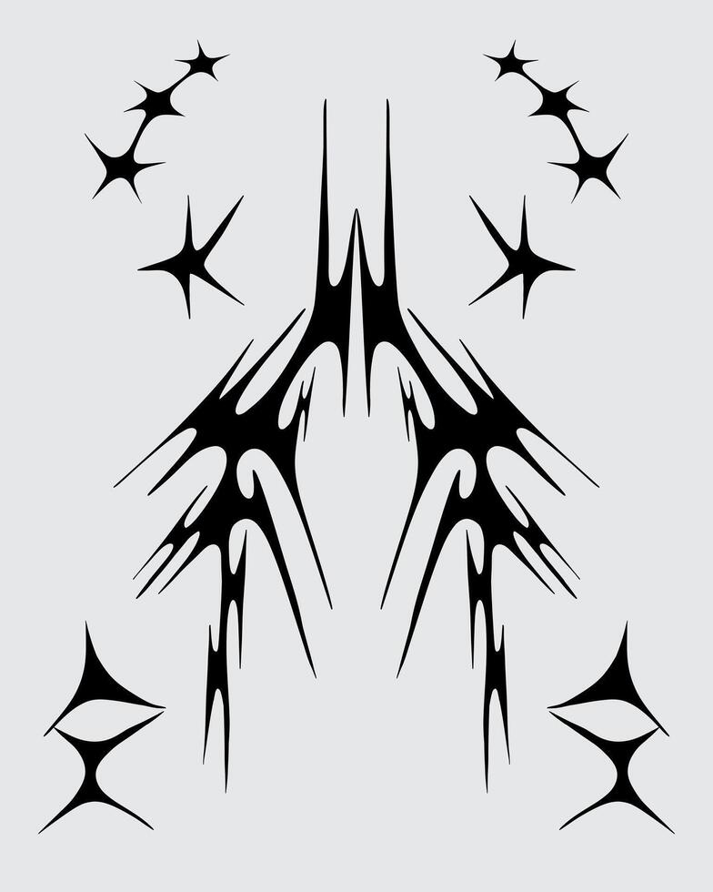 Symmetrical tribal ink cyber sigilism clip art collection for streetwear clothing element design tattoo sticker editable vector