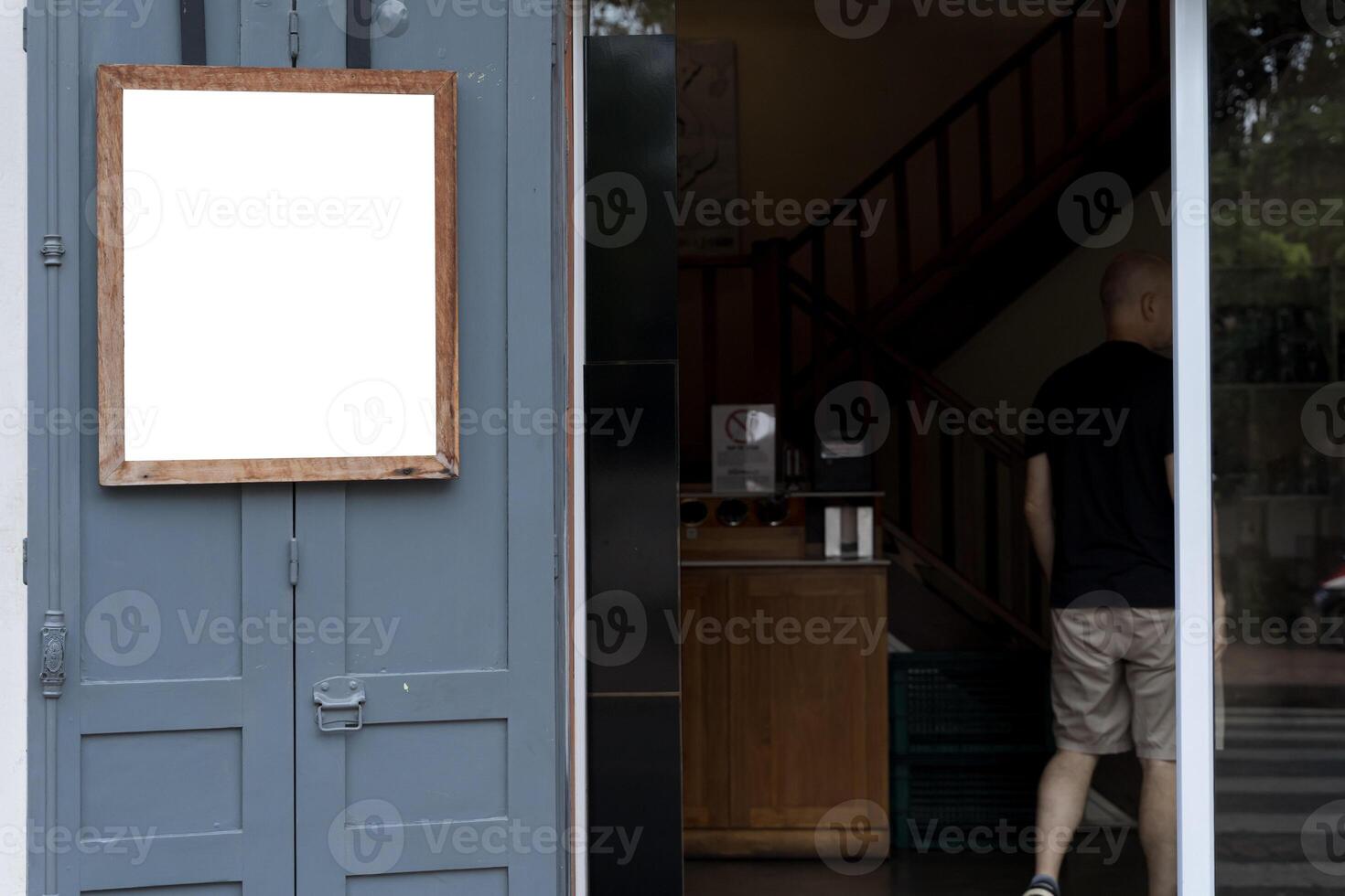 Blank banner on window office template. Promotional banner on the store window mock up. photo