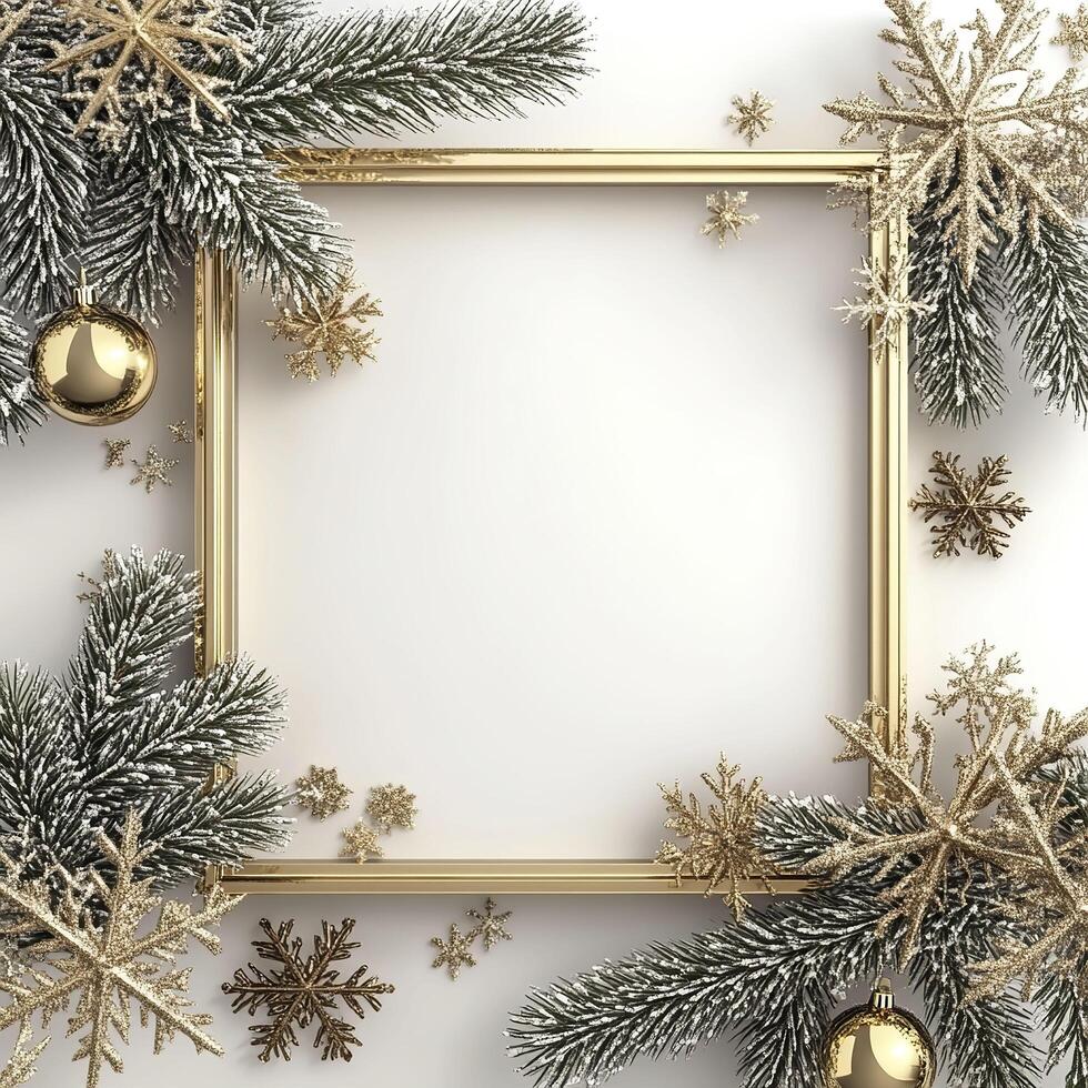 3D Christmas background with gold frame and snowflakes. photo