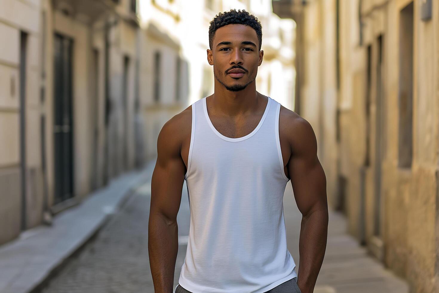Man in white tanktop standing on a city street. Mock-up. photo