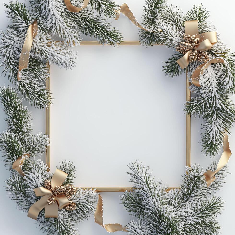 Christmas frame with fir branches, golden bows and ribbons. photo