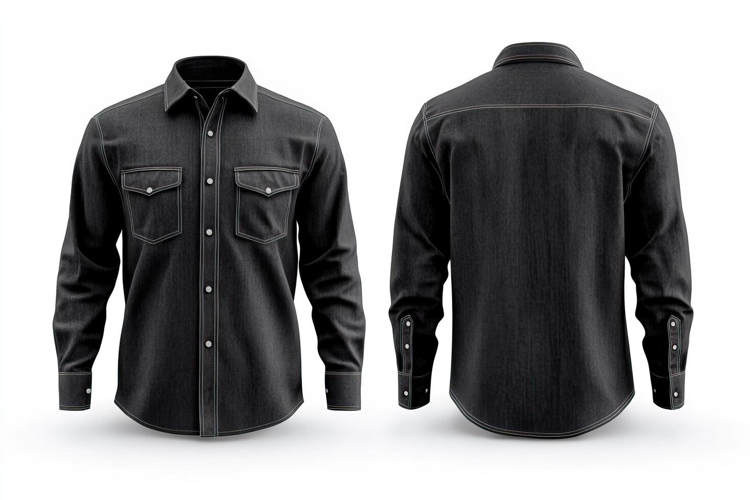 Blank mock-up of a black denim shirt, front and back view. photo