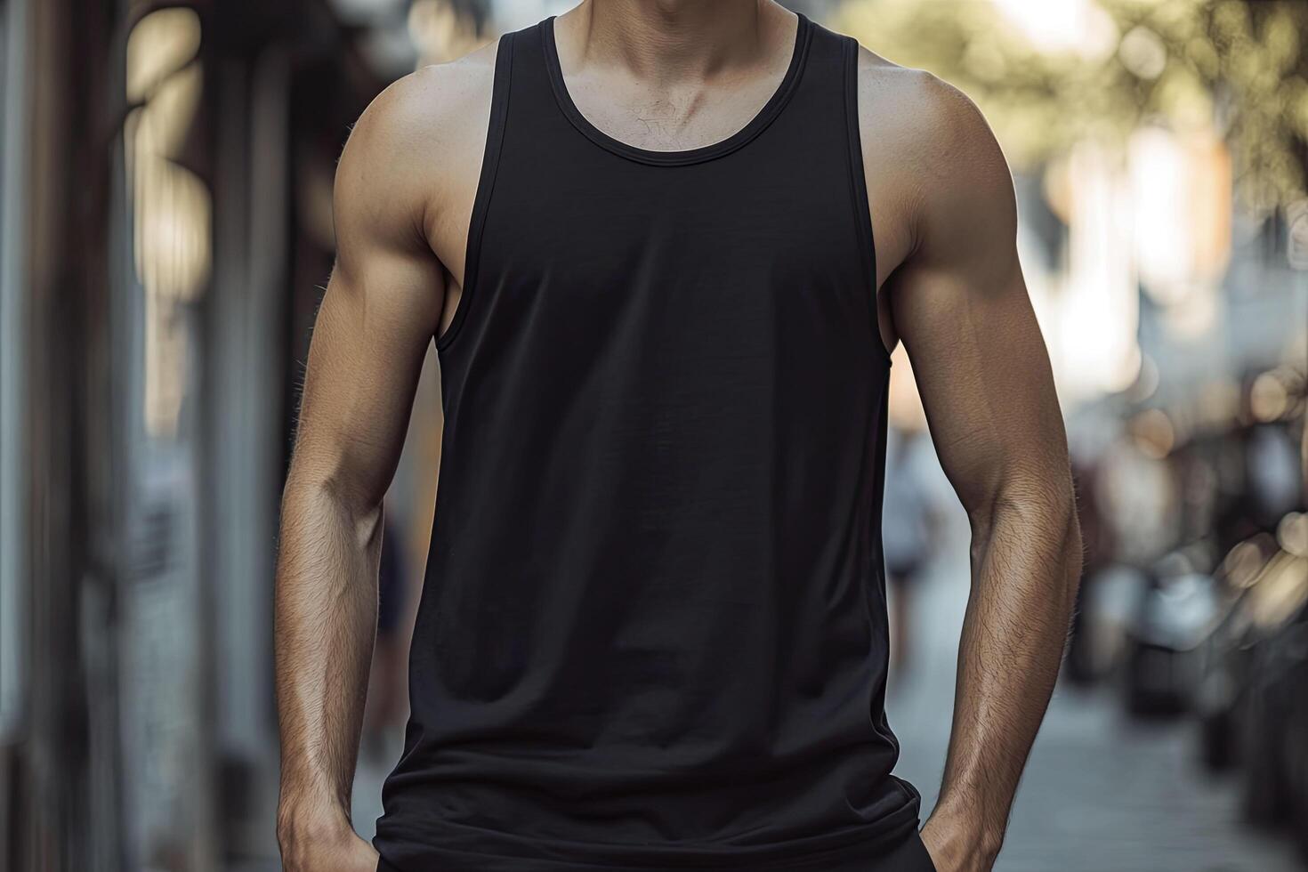Man in black tanktop standing on a city street. Mock-up. photo