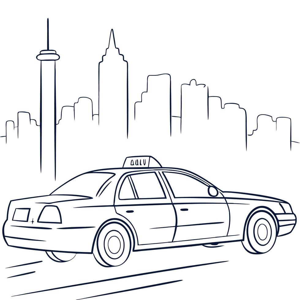 A taxi cab driving through toronto cityscape vector